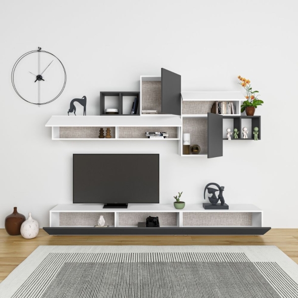 Parete Attrezzata Base TV 260 Cm E Pensili Antracite E Bianco Tromen