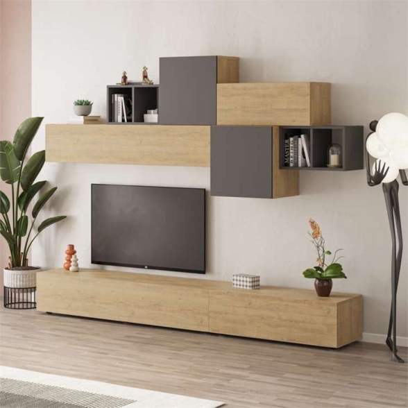 Parete Attrezzata Base TV 260 Cm E Pensili Rovere E Antracite Tromen