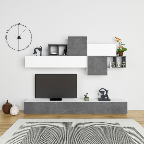 Parete Attrezzata Base TV 260 Cm E Pensili Cemento E Bianco Tromen