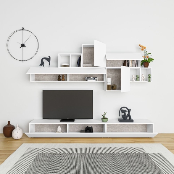 Parete Attrezzata Base TV 260 Cm E Pensili Tromen Bianco Opaco