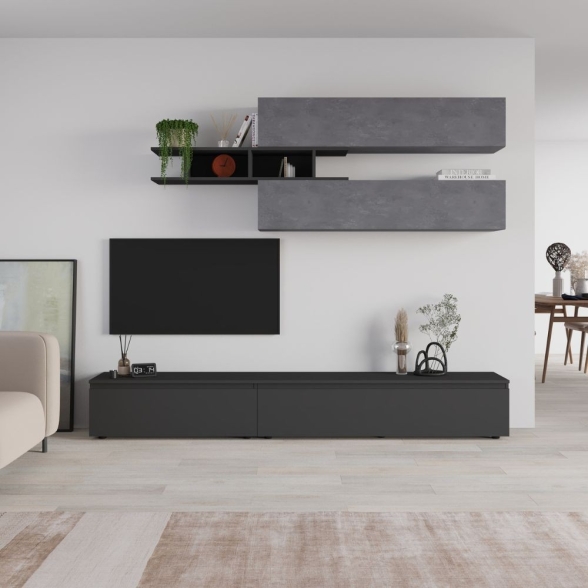 Parete Attrezzata 206 Cm Base TV E Pensili Antracite E Cemento Venus