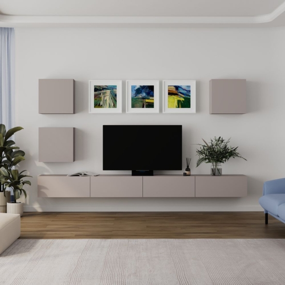 Parete TV Attrezzata 300x40x170 Con Base E Pensili Tortora Marte