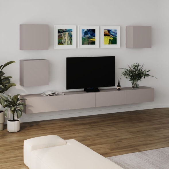 Parete TV Attrezzata 300x40x170 Con Base E Pensili Tortora Marte