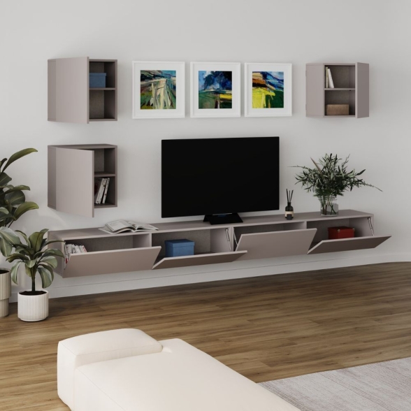 Parete TV Attrezzata 300x40x170 Con Base E Pensili Tortora Marte