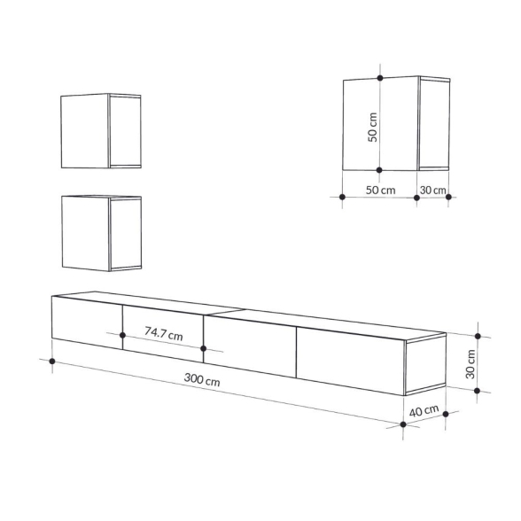 Parete TV Attrezzata 300x40x170 Con Base E Pensili Tortora Marte