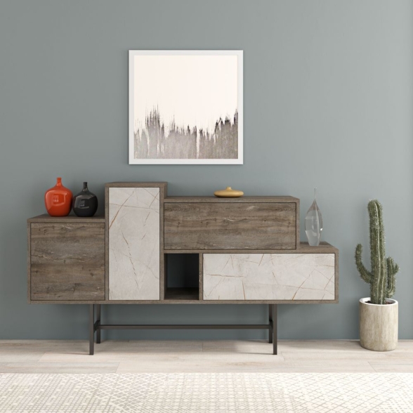 Credenza 160 Cm Design Moderno Effetto Legno Hermes Dark Coffe E Marmo