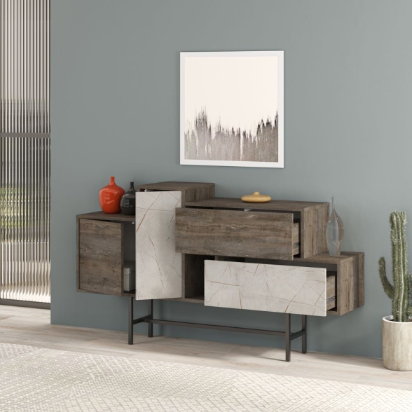 Credenza 160 Cm Design Moderno Effetto Legno Hermes Dark Coffe E Marmo
