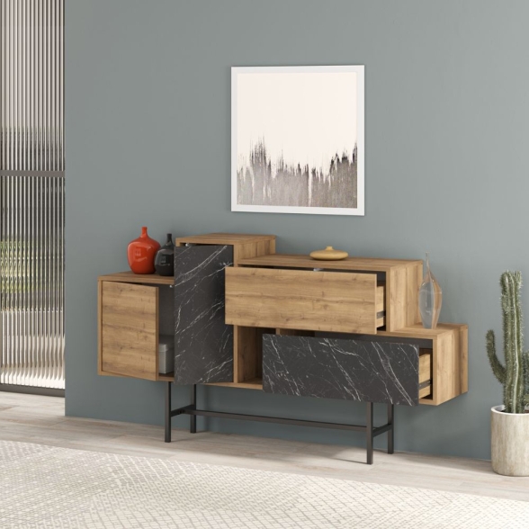 Credenza 160 Cm Design Moderno Effetto Legno Hermes Noce E Marmo