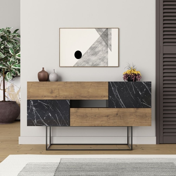 Madia Moderna 2 Ante 2 Cassetti 145 Cm Noce E Marmo Nero Eros