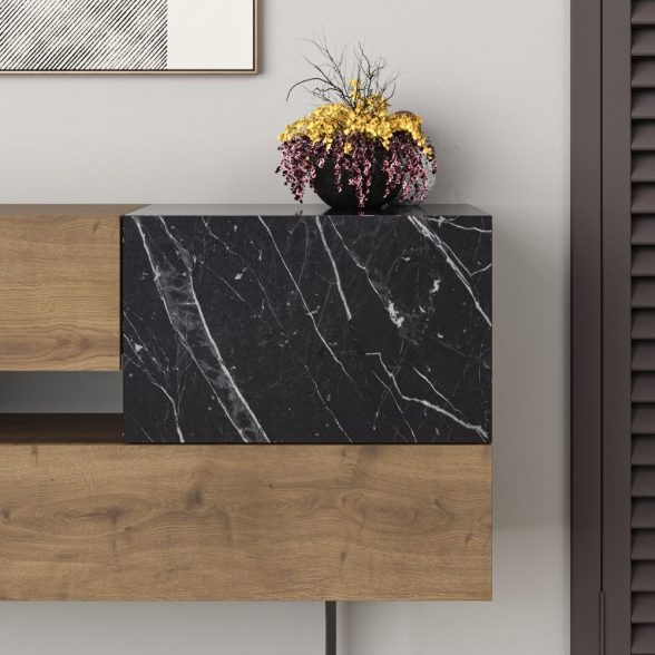Madia Moderna 2 Ante 2 Cassetti 145 Cm Noce E Marmo Nero Eros