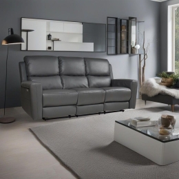 Divano In Pelle 3 Posti 211 Cm Recliner Elettrici Claus Grigio Scuro