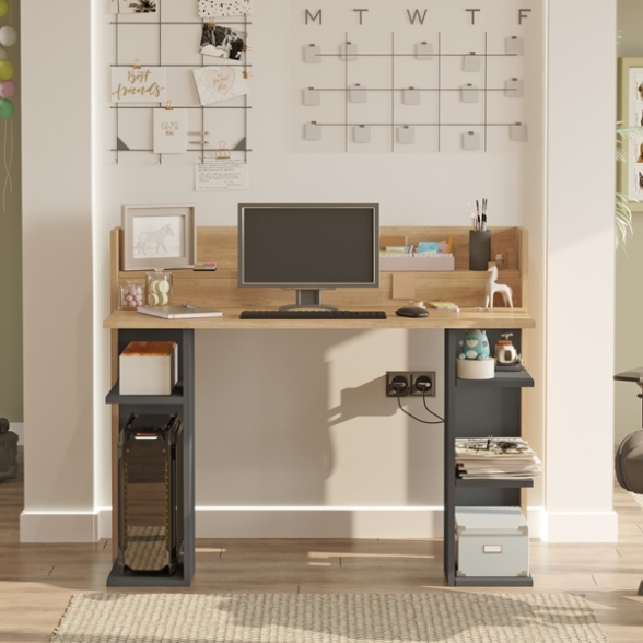 Scrivania Porta PC 120 Cm Ripiani Laterali Pixel Rovere E Antracite