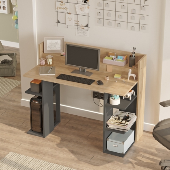 Scrivania Porta PC 120 Cm Ripiani Laterali Pixel Rovere E Antracite