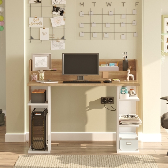 Scrivania Porta PC 120x58x98 Con Ripiani Laterali Pixel Rovere E Bianco