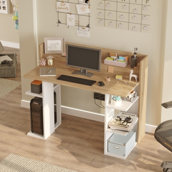 Scrivania Porta PC 120x58x98 Con Ripiani Laterali Pixel Rovere E Bianco