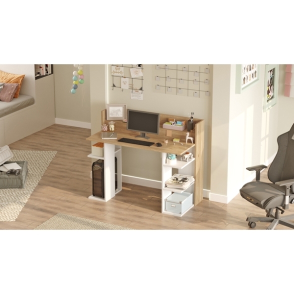 Scrivania Porta PC 120x58x98 Con Ripiani Laterali Pixel Rovere E Bianco