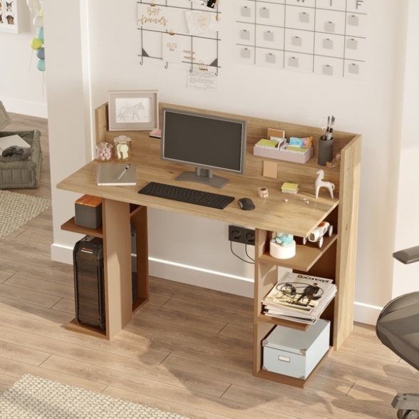 Scrivania Porta PC 120x58x98 Con Ripiani Laterali Pixel Rovere E Rosso