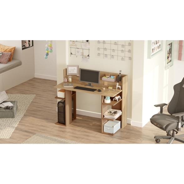 Scrivania Porta PC 120x58x98 Con Ripiani Laterali Pixel Rovere E Rosso