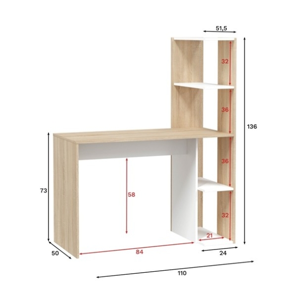 Scrivania Libreria 4 Ripiani Reversibile Bianco e Rovere WS Double