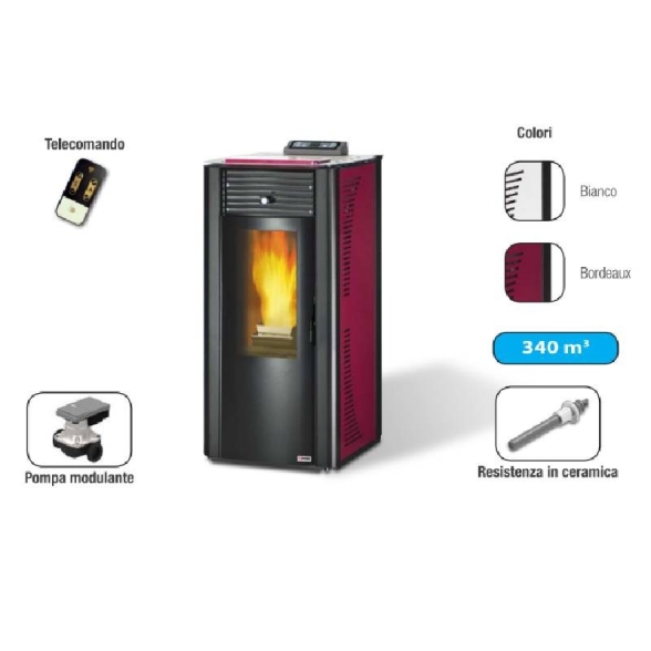 Termostufa a pellet con ventilazione frontale 14.8 kW King 14 Idro bordeaux