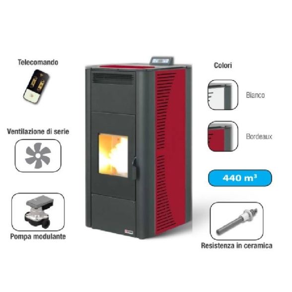 Termostufa a pellet 19 kW con ventilazione frontale King 20 Idro bordeaux