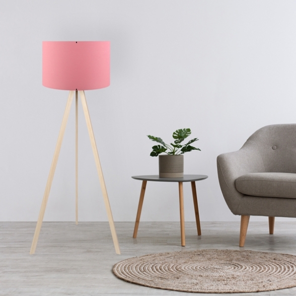 Lampada Treppiede Da Terra 38x140 Cm Design Moderno 60W Rovere E Rosa