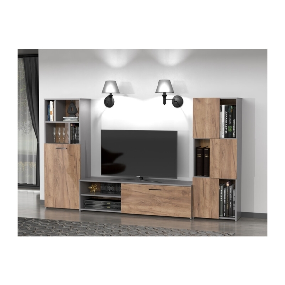 Parete Attrezzata Soggiorno 240x35x137Cm Rovere E Grafite Joy