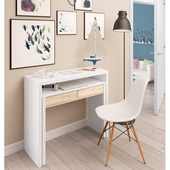 Scrivania Consolle Estraibile 98x36x87 Cm Bianco E Rovere
