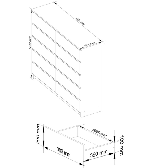 Cassettiera Credenza 140x40x120 Cm 10 Cassetti Artika Bianco Opaco