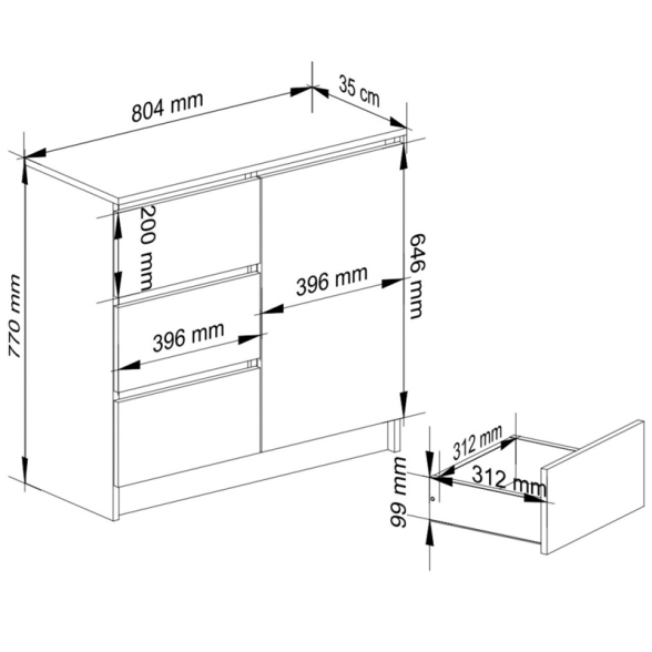 Cassettiera Credenza 80 Cm 3 Cassetti 1 Anta Artika Effetto Cemento