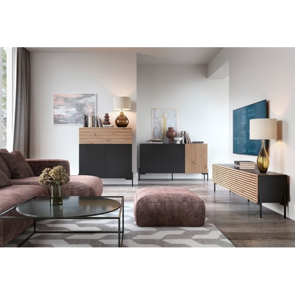 Mobile TV Da Terra 140 Cm Listellato 2 Ante Nero E Rovere Zenith