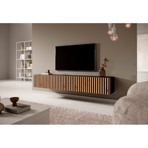 Mobile TV Sospeso Listellato 175 Cm Nero E Rovere Astra
