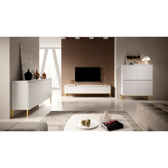 Mobile TV Da Terra 175 Cm 2 Ante Bianco Piedini Oro Lume