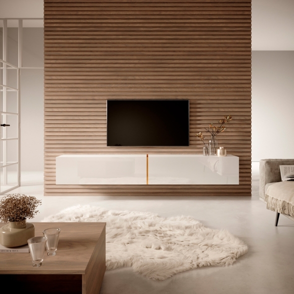 Mobile TV Sospeso 200 Cm 2 Ante Bianco Lucido E Oro Echo