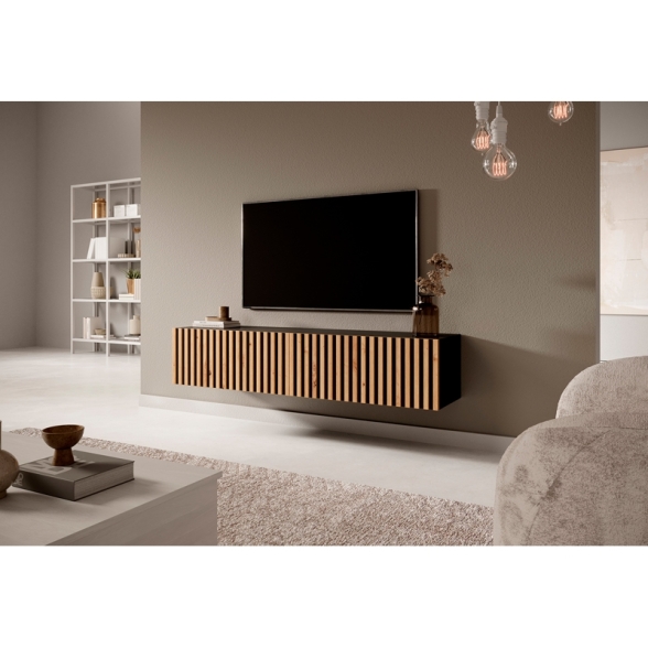 Mobile TV Sospeso Listellato 140 Cm Nero E Rovere Astra