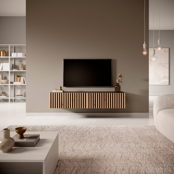 Mobile TV Sospeso Listellato 140 Cm Nero E Rovere Astra
