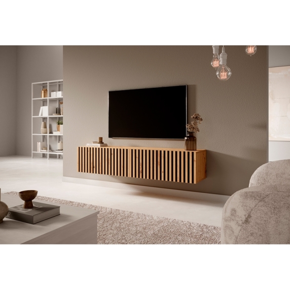 Mobile TV Sospeso Listellato 140 Cm Rovere E Nero Astra