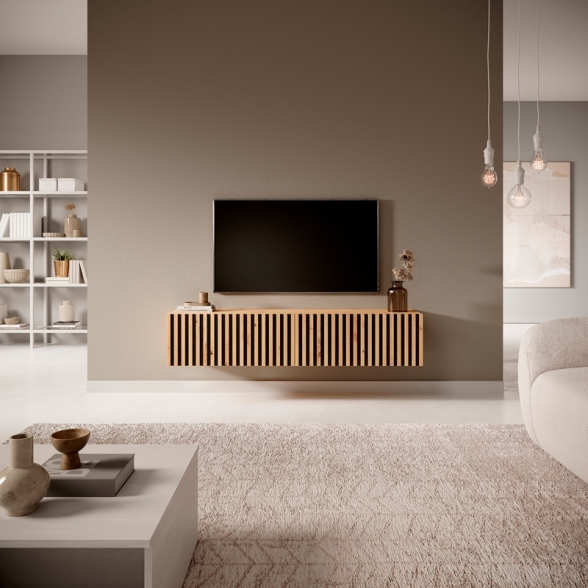 Mobile TV Sospeso Listellato 140 Cm Rovere E Nero Astra