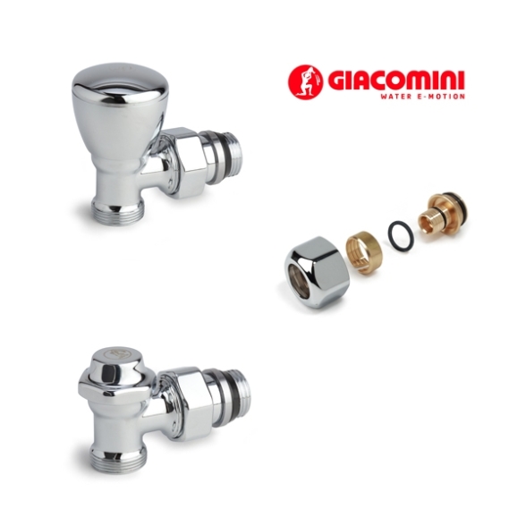 Kit valvola e detentore cromato per termoarredo 1/2" con adattatori Giacomini