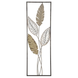 Pannello Decorativo In Ferro E Legno Foglie 30,5x1,9x91 Cm Oro E Argento Ver.A