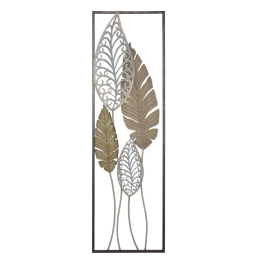 Pannello Decorativo In Ferro E Legno Foglie 30,5x1,9x91 Cm Oro E Argento Ver.B