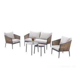 Set Divano Effetto Vimini Beverly Hills in Alluminio e PE con Tavoli