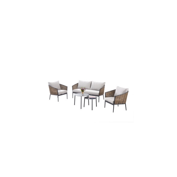 Set Divano Effetto Vimini Beverly Hills in Alluminio e PE con Tavoli