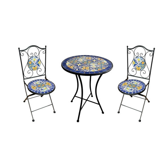 Set Bistrot Tavolo Mosaico Tondo 60 Cm Con 2 Sedie Pieghevoli Cannes