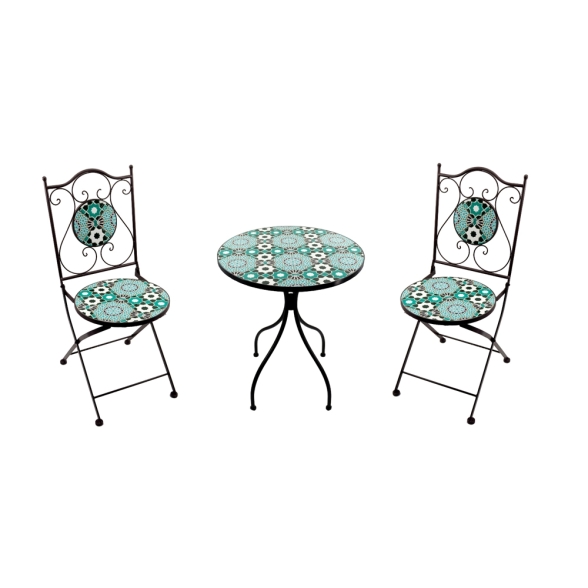 Set Bistrot Tavolo Mosaico Tondo 60 Cm Con 2 Sedie Pieghevoli Saint Tropez