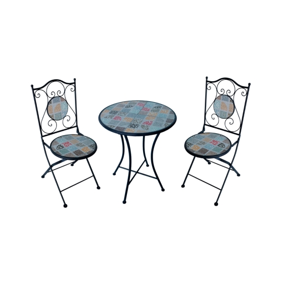 Set Bistrot Tavolo Mosaico Tondo 60 Cm Con 2 Sedie Pieghevoli Villafranche
