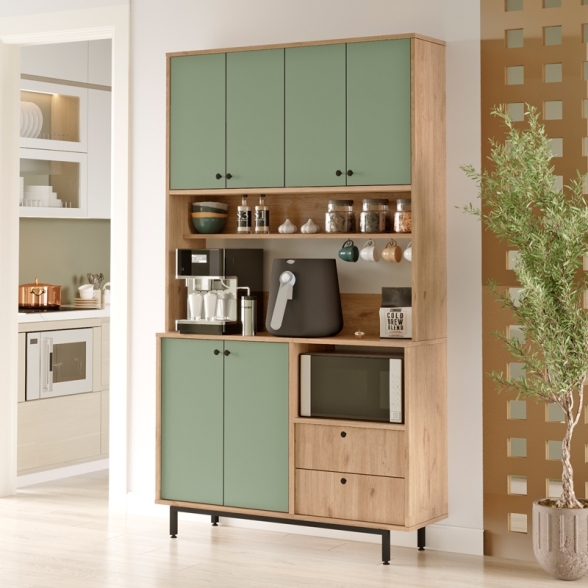 Mobile Cucina Dispensa Multiuso 120x36x205 Claudia Verde Salvia E Rovere
