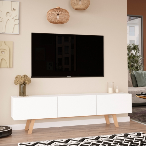 Mobile TV Da Terra A 3 Ante 180 Cm Con Piedini In Legno Nordik Bianco