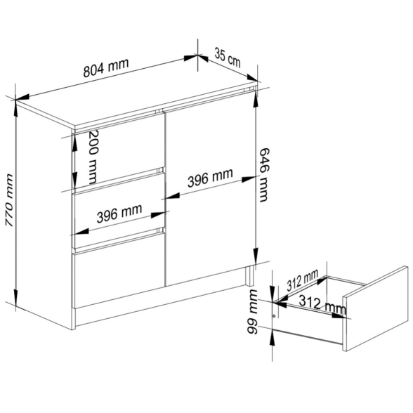 Cassettiera Credenza 80 Cm 3 Cassetti 1 Anta Artika Rovere E Bianco