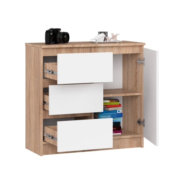 Cassettiera Credenza 80 Cm 3 Cassetti 1 Anta Artika Rovere E Bianco